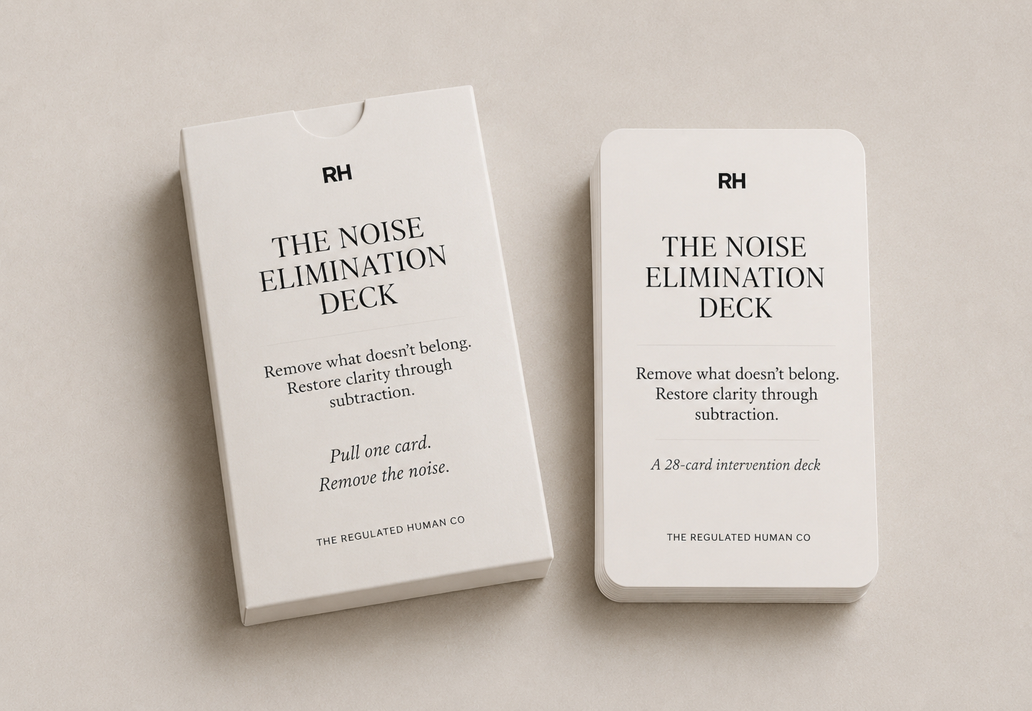 Two 'The Noise Elimination Deck' cards from The Regulated Human Co on a beige background