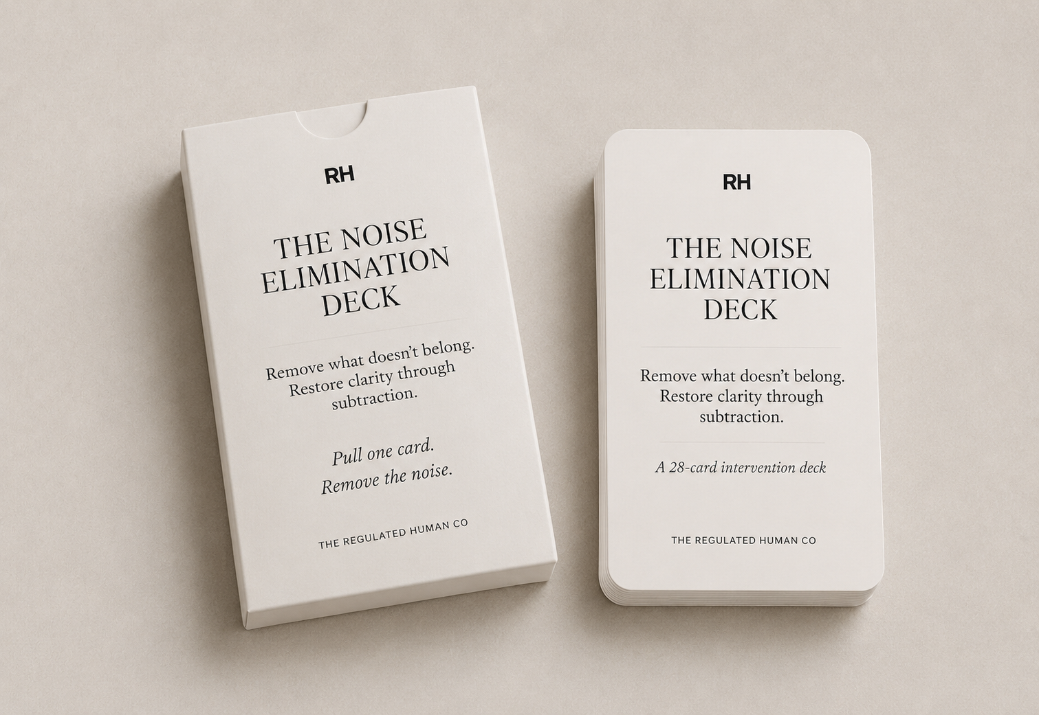 Two 'The Noise Elimination Deck' cards from The Regulated Human Co on a beige background