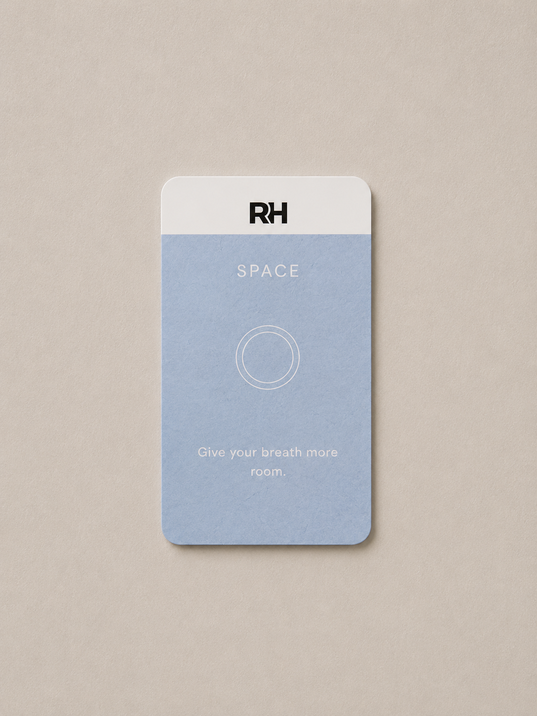 Blue card with white text on a beige background