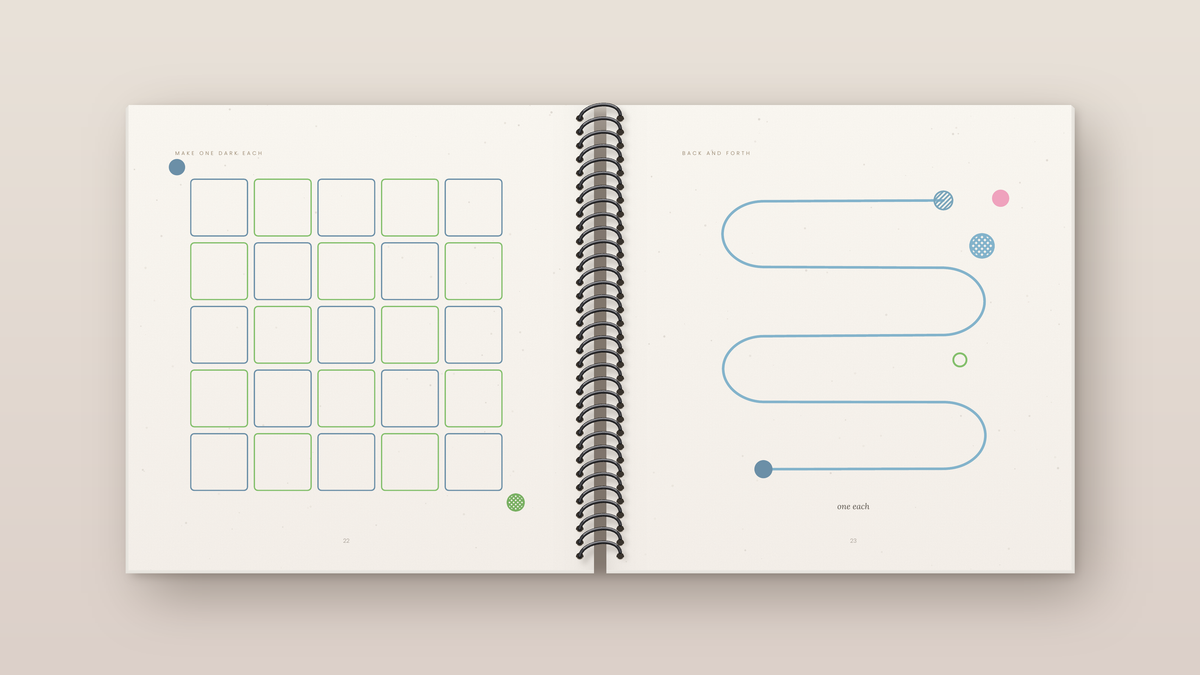 Doodle Together spiral-bound edition: inside pages. A doodle book for a grown-up and a child.